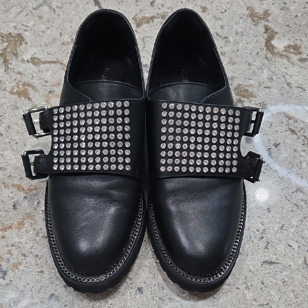 Kurt Geiger Black Leather Loafers with Studded‎ Design Side Buckle Women 6.5